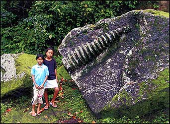 Stupa pinicle calved on a bolder at Goa Gajah